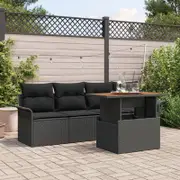 5 Piece Garden Sofa Set with Cushions Black Poly Rattan Acacia