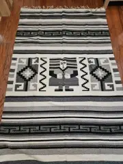 Vintage Mexican Tribal Aztec Southwester 1970's Fringed Cotton Thick Blanket Rug
