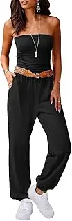 [STOLKISS] Women’s Tube Top Jumpsuits Strapless Belted Wide Leg Bustier Jumpsuit Backless Baggy Long Pants Rompers with Pockets