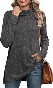 [ZPLxi] Women's Long Sleeve Tops Turtleneck Jumpers Fall Winter Vintage Sweaters 2025 Side Splits Tunic Tops (AU, Alpha, Small, Regular, Regular, Dark Grey)