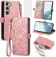 [Asuwish] Phone Case for Samsung Galaxy S23 5G Wallet Cover with Tempered Glass Screen Protector and Flip Zipper Credit Card Holder Cell Accessories S 23 23S GS23 G5 SM-S911U 6.1 inch Women Men Pink