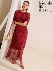 Friends Like These Red Floral Chiffon Ruched Sleeve Frill Hem Maxi Dress (F47919) | $113