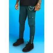 Mens Green Elastic Waist Slim Fit Chain Split Hem Cargo