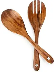 Set of 2 Wooden Salad Servers, Wooden Spoon + Wooden Fork for Salad Mixing & Serving, 26 cm, Wooden Cutlery, Dinner Fork and Spoon, Long Handle, Wooden Salad Spoon & Salad Fork, Natural Teak Wood