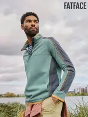FatFace Light Teal 100% Cotton Airlie Panel Quarter Zip Sweat Top (AB4144) | $138