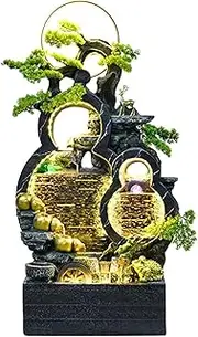 Gourd Circulation Water Fountain with Water Mist, LED Lights and Simulated Greenery Home Decor Indoor Freestanding Fountain