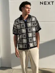 Black/Ecru White Relaxed Fit Cotton Rich Short Sleeve Knit Crochet Pattern Button-Through Polo Shirt (AJ8721) | $66