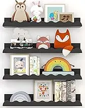 Kids' Bookshelf Set of 4 - White Floating Nursery Book Shelves, Picture Ledge Shelf for Wall Decor and Storage - Perfect for Books, Toys, Photo Frames, and Nursery Décor (Black)