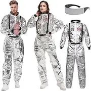 Men's Astronaut Costume Jumpsuit Adult Shiny Silver Space Suit with Embroidered Patches and Pockets Halloween Spaceman Costume