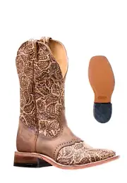 New! Women's Boulet Tan TOOLED LEATHER COWBOY BOOTS Square toe 5 SIZES!