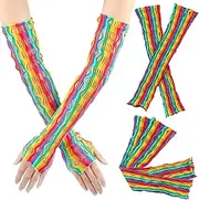 [AUOCATTAIL] 2 Pairs Rainbow Fishnet Fingerless Gloves Long Arm Sleeves Elastic Sexy Gloves Accessories for Women Man Pride Day Parade Halloween Rave Party Cosplay Costume Decoration, Rainbow