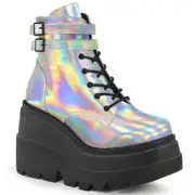 Demonia Shaker-52 Gothic Cyber Punk Rave Platform Boots Silver Hologram