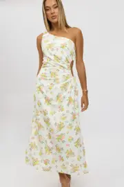 White Floral One Shoulder Midi Dress - Size 16XL, Women's Midi Dress