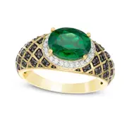 Sideways Oval Lab-Created Emerald and 0.33 CT. T.W. Enhanced Black and White Diamond Quilt Dome Ring in Solid 10K Yellow Gold