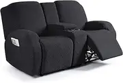 Ruaozz Stretch Loveseat Recliner Covers with Console 4-Pieces Recliner Sofa Covers with Pockets Jacquard Reclining Couch Covers Furniture Protector with Elastic Straps Bottom (2 Seater, Black)