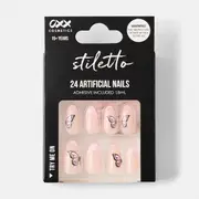 OXX Cosmetics 24 Pack Artificial Nails with Adhesive - Stiletto Shape, Butterfly