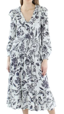 Aqua L84919 Womens Blue Multi Linen Blend Smocked Midi Dress Size XL
