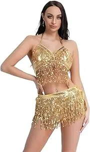 [Generic] Women's Belly Dance Skirt with Crop Top Sparkle Festival Outfits Latin Ballroom Costume Clubwear