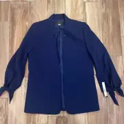 Tahari Womens Open Front Jacket Blue Waist Length Lightweight Lined Tie 10 New
