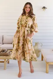 Solange Collared Tie Waist Green/Peach Midi Dress