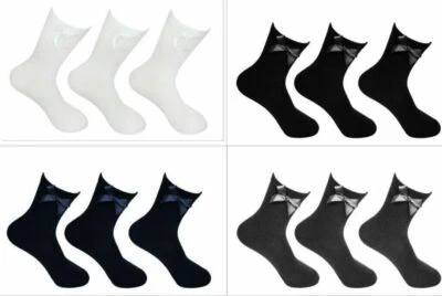 Girls School Uniform Ankle Socks With Bow Black White Navy Grey Cotton Sock LOT