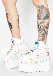 [Y.R.U.] White Qozmo Bondage Rainbow Heart Platform Sneakers