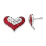 Sterling Silver Polished Red Enamel Cz Heart Post Earrings