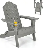 Costway Outdoor Folding Adirondack Chair, Weather Resistant Plastic Lounger with Cup Holder, All-Weather Chair for Fire Pit, Patio and Backyard (Grey)