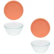 Pyrex (2) 7402 Sculpted Glass Mixing Bowls and (2) 7402-PC Bahama Sunset Lids