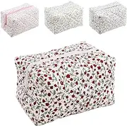 Floral Organizer Bag, Portable Cosmetic Makeup Bag, Travel Quilted Makeup Bag, Wash Storage Organizer, Cute Pouch Toiletry Bag, Cute Floral Cotton Cosmetic Bag for Ladies Girl Women (Red)
