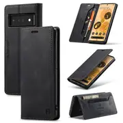 AutSpace For Google Pixel 6 Pro Case RFID Blocking Retro Flip Premium Leather Card Holder Wallet Cover - Black