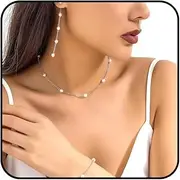 [Stringex] Gold Pearls Wedding Jewelry Set for Women Dainty Silver Pearl Choker Necklace Bracelet Dangle Earrings Everyday Pearl Set Gifts for Brides Her, Large, Metal, No Gemstone