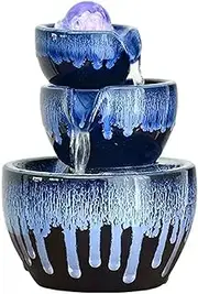 Tabletop Water Fountain 3 Layers Ceramic Bowl Tabletop Water Fountain Indoor Relaxation Water Fountains Feng Shui Waterfall Fountain with Rolling Ball for Home Living Room Office Decor（blue） Office Re