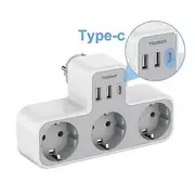 TESSAN Multiple Wall Socket with 2 USB C 1 USB A Ports, 6 in 1 USB Adapter with Overload Protection for Smartphone,Tablet gray 3 Outlets&2 USB A 1 ...