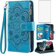 Asuwish Compatible with Samsung Galaxy S22 Ultra 5G Wallet Case and Tempered Glass Screen Protector Leather Flip Card Holder TPU Cell Phone Cover for Gaxaly S22ultra 22S S 22 22ultra G5 Women Men Blue