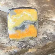 Yellow Square Bumble Bee Jasper Navajo Sterling Ring 8 Adjustable 14022