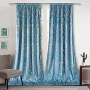 Luxury Velvet Curtains Gold Foil Print 80% Blackout Window Curtains Back Tab/Rod Pocket/Pleat Hooks Thermal Insulated Living Room Bedroom Drapes, 2 Panels, Aegean Blue 132x213cm（W52 x L84 in）