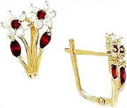 [JewelryWeb] 14k Yellow Gold January Red CZ Two Flowers Leaf Leverback Earrings 16x10mm Stud Earring for Women