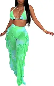 [Aladeno] Women 2 Piece Outfits Bikini Swimsuit - Sexy See Through Mesh Crop Top Ruffle Long Pant Jumpsuits Beach Cover Up