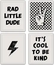 Boys Room Wall Art Decor, Retro Preppy Black and White Checkered Lightning Bolt