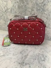 Bradley Mischka Red Diamond Quilted Accessories Crossbody Handbag W/ Pearls