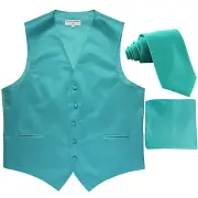 New Men's aqua blue formal vest Tuxedo Waistcoat_necktie & hankie set wedding