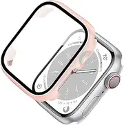 [Miimall] Case Compatible with Apple Watch Series 8/7 41mm Tempered Glass Screen Protector, Ultra-Thin Hard PC Shockproof All-Around Bumper Shell Protective Cover for iWatch Series 8 41mm-Pink
