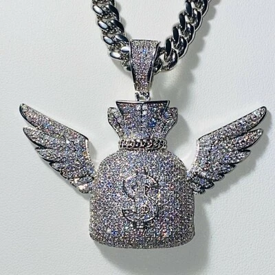 14k W Gold Finish Stamp 8mm Miami cubans Link Chain Money Bag Wings Pendant Icy