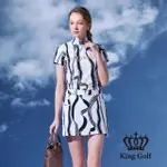 【KING GOLF】實體同步款-女款緞帶剪影印花涼感短袖拉鍊POLO衫/高爾夫球衫(深藍)