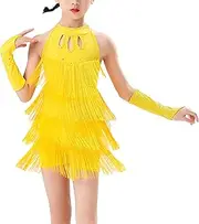 [Happy Cherry] Girls Latin Short Bodysuit Dress Sleeveless Tassels Dancewear Samba Rumba Jazz Cha Cha Dance Costume 3-14Y