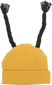 [Minkissy] Wig Hat for Cozy Knitted Wig Headdress for Newborns Winter Warm Hat with Braided Ponytail Design for Outdoor Activities and Dress Up Ginger Yellow