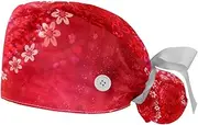 [WOSHJIUK] Working Hat 2 Pack Scrub Caps for Women,Flower Valentines Day,Tie Back Cap Adjustable Scrub Hat
