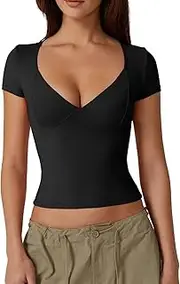 [QINSEN] Women's V Neck Short Sleeve T Shirts Double Lined Tee Seamed Cup Going Out Tops