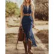 Women's Midi Dress Boho Dress Western Dress Fashion Modern Outdoor Daily Going out Regular Fit Plain Sleeveless V Neck Dark Blue Summer